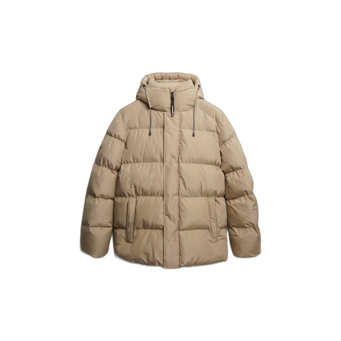 Superdry μπουφάν μπεζ ανδρικό puffer baffle sports με κουκούλα M5012285A