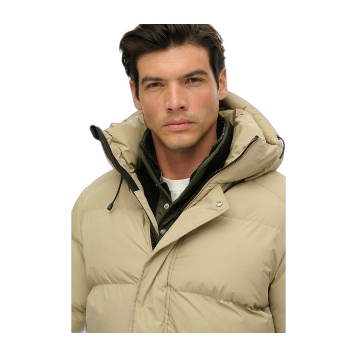 Superdry μπουφάν μπεζ ανδρικό puffer baffle sports με κουκούλα M5012285A