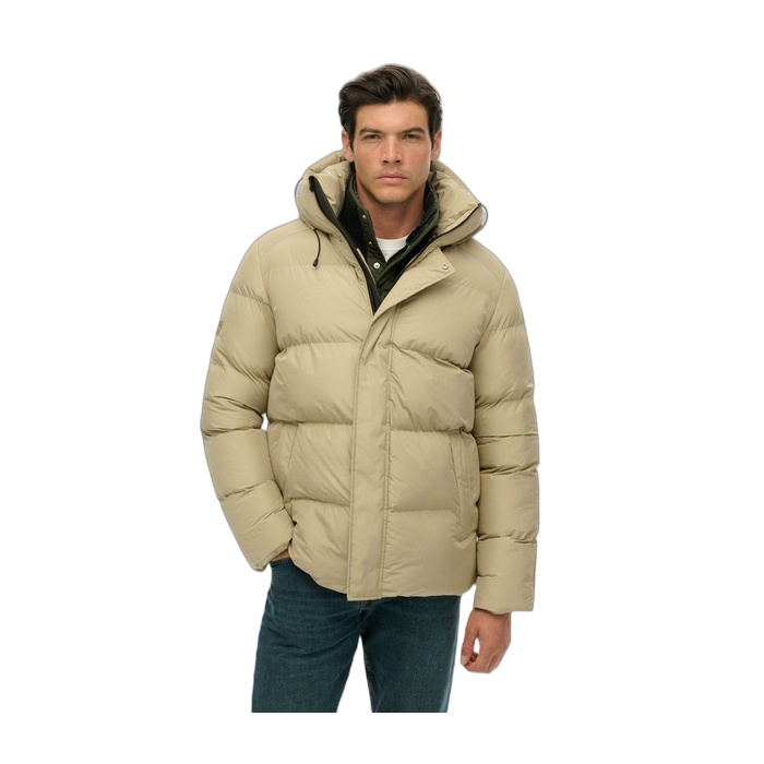 Superdry μπουφάν μπεζ ανδρικό puffer baffle sports με κουκούλα M5012285A