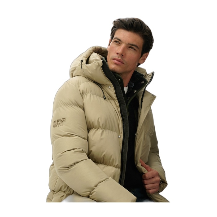 Superdry μπουφάν μπεζ ανδρικό puffer baffle sports με κουκούλα M5012285A