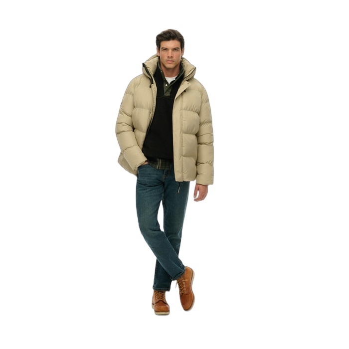 Superdry μπουφάν μπεζ ανδρικό puffer baffle sports με κουκούλα M5012285A