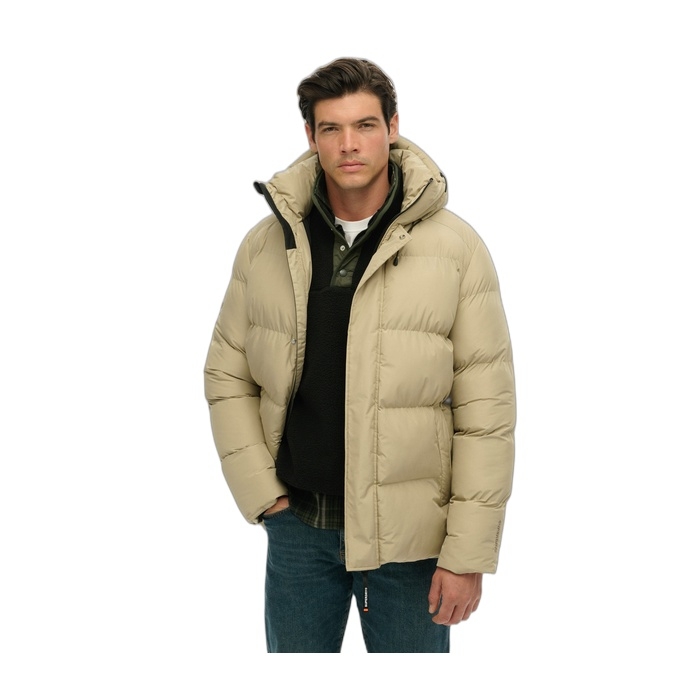 Superdry μπουφάν μπεζ ανδρικό puffer baffle sports με κουκούλα M5012285A