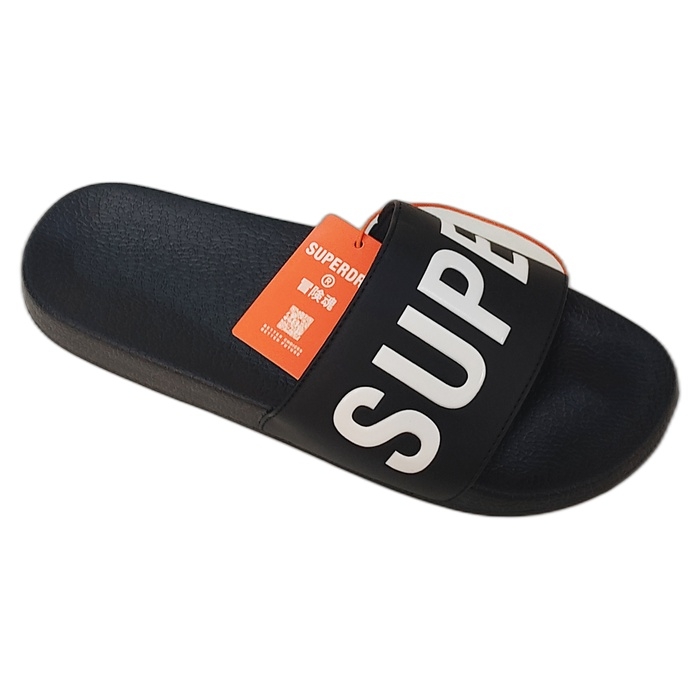 Ανδρικές πλαστικές παντόφλες πισίνας Superdry σε μαύρο χρώμα με άσπρα γράμματα