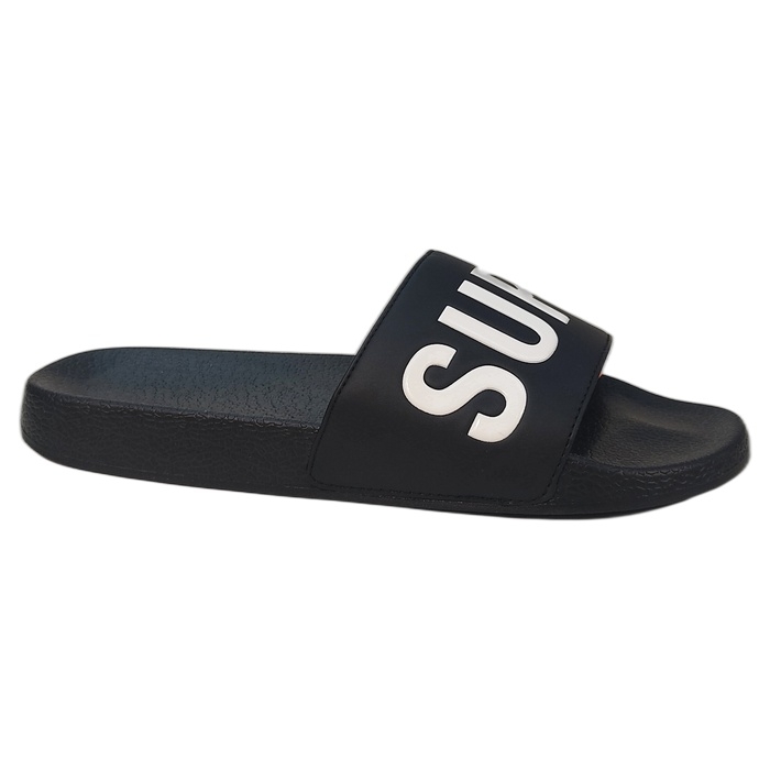 Ανδρική πλαστική παντόφλα πισίνας Superdry σε μαύρο χρώμα με άσπρα γράμματα